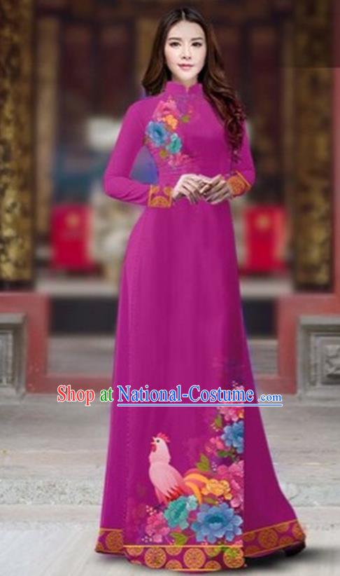 Traditional Top Grade Asian Vietnamese Costumes Classical Rooster Year Cheongsam, Vietnam National Ao Dai Dress Princess Rosy Full Dress for Women