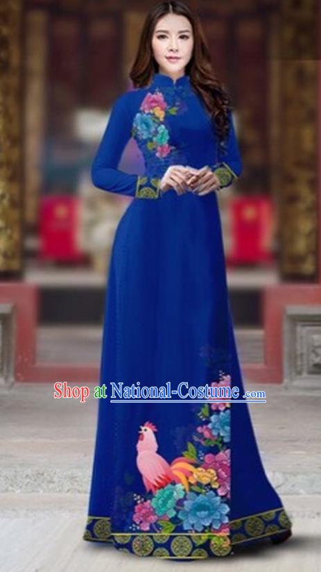 Traditional Top Grade Asian Vietnamese Costumes Classical Rooster Year Cheongsam, Vietnam National Ao Dai Dress Princess Blue Full Dress for Women