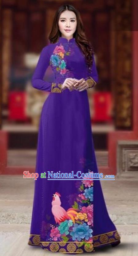 Traditional Top Grade Asian Vietnamese Costumes Classical Rooster Year Cheongsam, Vietnam National Ao Dai Dress Princess Purple Full Dress for Women