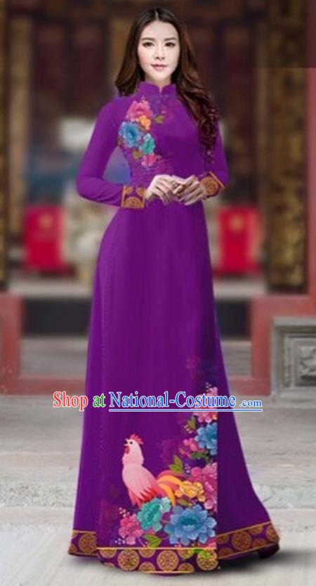 Traditional Top Grade Asian Vietnamese Costumes Classical Rooster Year Cheongsam, Vietnam National Ao Dai Dress Princess Violet Full Dress for Women