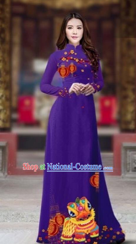 Traditional Top Grade Asian Vietnamese Costumes Classical Printing New Year Cheongsam, Vietnam National Ao Dai Dress Princess Deep Purple Full Dress for Women