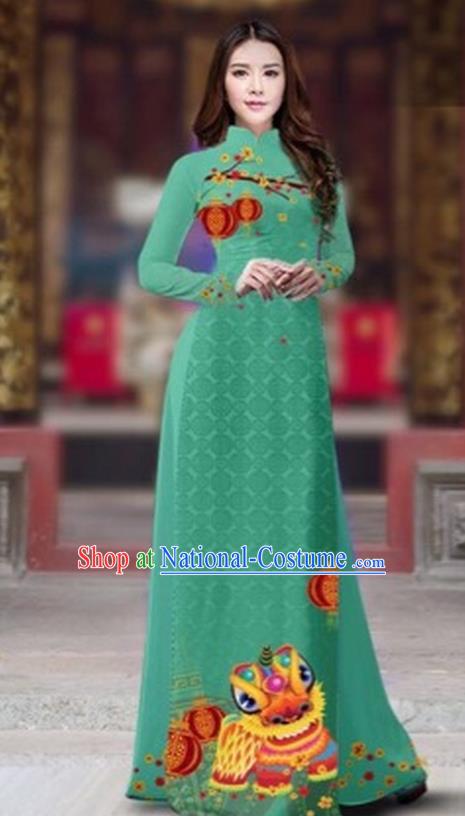 Traditional Top Grade Asian Vietnamese Costumes Classical Printing New Year Cheongsam, Vietnam National Ao Dai Dress Princess Green Full Dress for Women