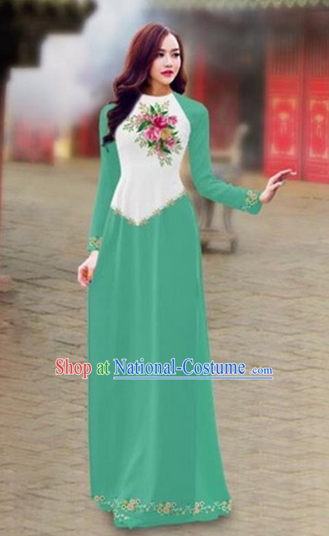 Traditional Top Grade Asian Vietnamese Costumes Classical Color Matching Cheongsam, Vietnam National Ao Dai Dress Printing Light Green Full Dress for Women