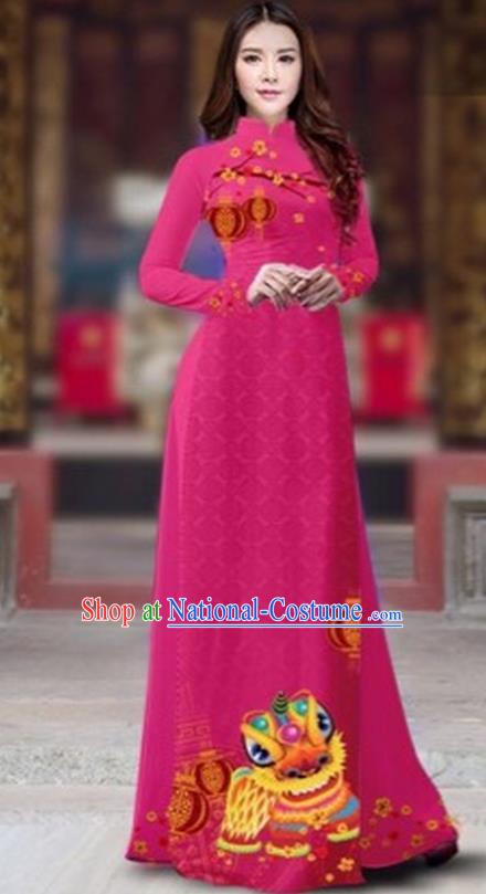 Traditional Top Grade Asian Vietnamese Costumes Classical Printing New Year Cheongsam, Vietnam National Ao Dai Dress Princess Rosy Full Dress for Women