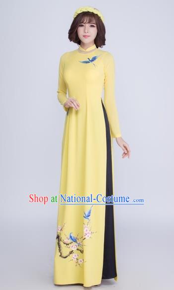 Traditional Top Grade Asian Vietnamese Costumes Classical Printing Crane Cheongsam, Vietnam National Ao Dai Dress Yellow Full Dress for Women