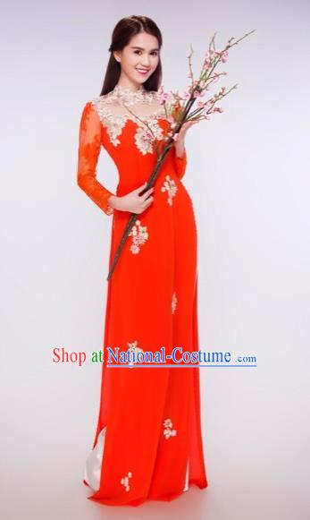 Traditional Top Grade Asian Vietnamese Costumes Classical Bride Wedding Cheongsam, Vietnam National Red Ao Dai Dress for Women