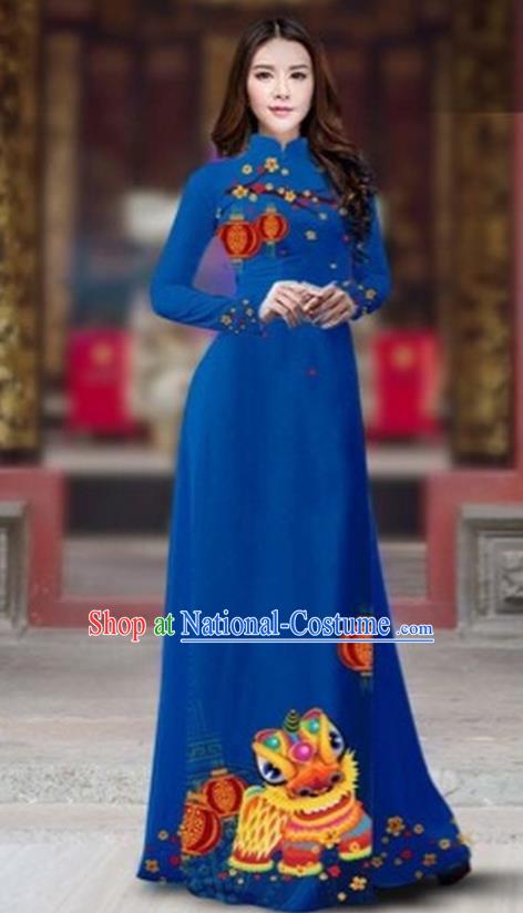 Traditional Top Grade Asian Vietnamese Costumes Classical Printing New Year Cheongsam, Vietnam National Ao Dai Dress Princess Royalblue Full Dress for Women