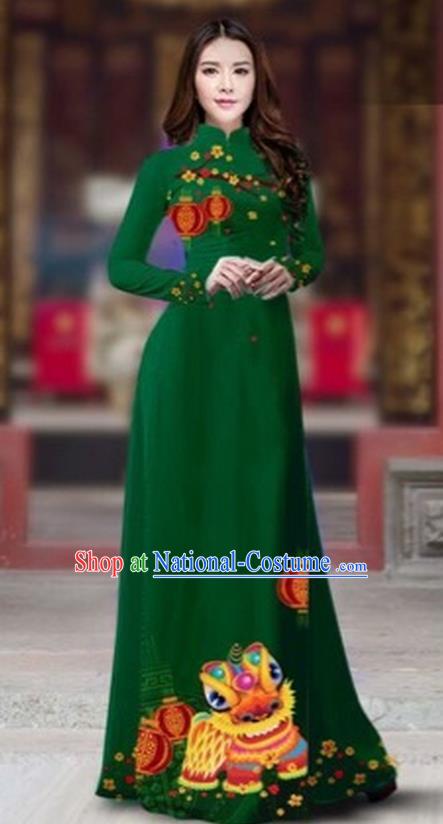 Traditional Top Grade Asian Vietnamese Costumes Classical Printing New Year Cheongsam, Vietnam National Ao Dai Dress Princess Deep Green Full Dress for Women