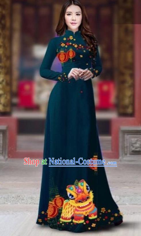 Traditional Top Grade Asian Vietnamese Costumes Classical Printing New Year Cheongsam, Vietnam National Ao Dai Dress Princess Peacock Blue Full Dress for Women