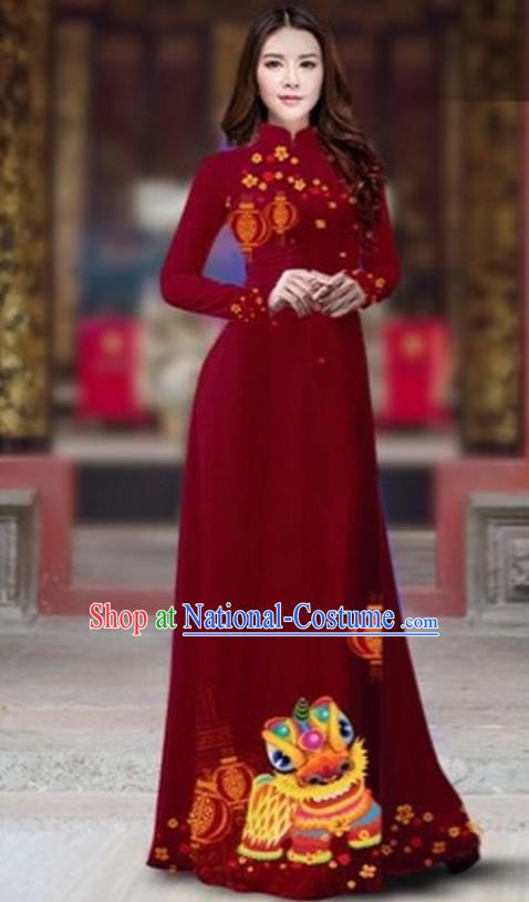 Traditional Top Grade Asian Vietnamese Costumes Classical Printing New Year Cheongsam, Vietnam National Ao Dai Dress Princess Wine Red Full Dress for Women