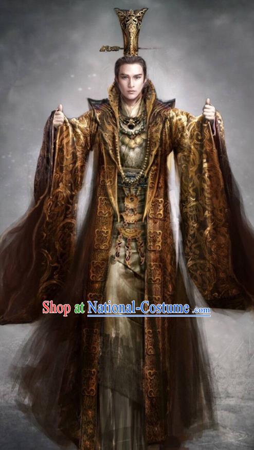 Traditional Chinese Ancient Shang Dynasty Imperial Emperor Costume, China Mythology Television Zhao Ge Ancient Majesty Robes Clothing and Handmade Headpiece Complete Set