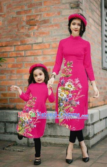 Traditional Top Grade Asian Vietnamese Costumes Classical Printing Daisy Flowers Rosy Cheongsam, Vietnam National Mother-daughter Ao Dai Dress for Women for Kids