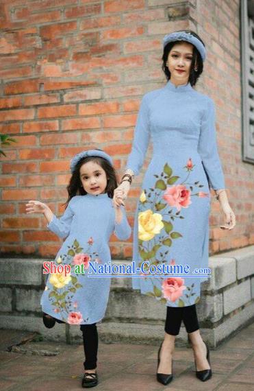 Traditional Top Grade Asian Vietnamese Costumes Classical Printing China Rose Flowers Dusty Blue Cheongsam, Vietnam National Mother-daughter Ao Dai Dress for Women for Kids