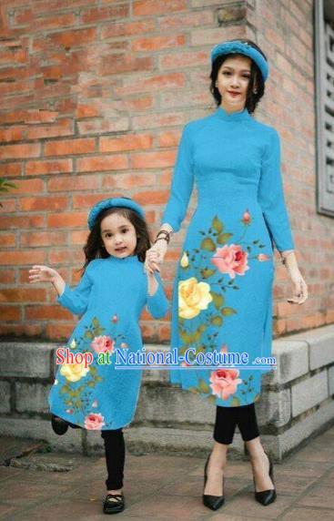 Traditional Top Grade Asian Vietnamese Costumes Classical Printing China Rose Flowers Blue Cheongsam, Vietnam National Mother-daughter Ao Dai Dress for Women for Kids