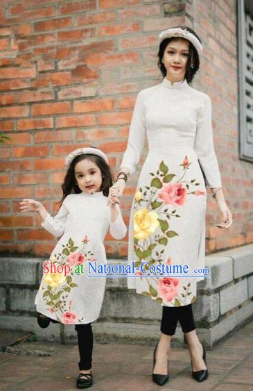 Traditional Top Grade Asian Vietnamese Costumes Classical Printing China Rose Flowers White Cheongsam, Vietnam National Mother-daughter Ao Dai Dress for Women for Kids