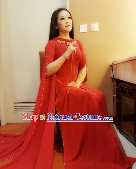 Traditional Top Grade Asian Vietnamese Costumes Classical Red Cheongsam, Vietnam National Bride Ao Dai Dress for Women