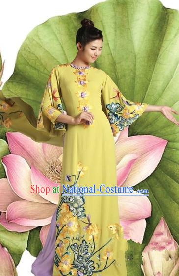 Traditional Top Grade Asian Vietnamese Costumes Classical Princess Printing Cheongsam, Vietnam National Bride Ao Dai Dress for Women