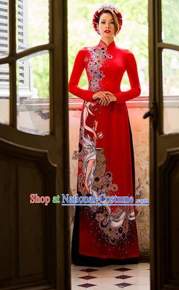 Traditional Top Grade Asian Vietnamese Costumes Classical Princess Hand Painting Cheongsam, Vietnam National Vietnamese Bride Wedding Red Ao Dai Dress for Women