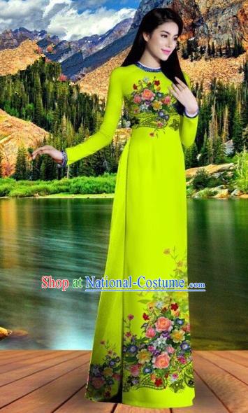 Traditional Top Grade Asian Vietnamese Costumes Classical Printing Bright Green Cheongsam, Vietnam National Vietnamese Bride Ao Dai Dress for Women