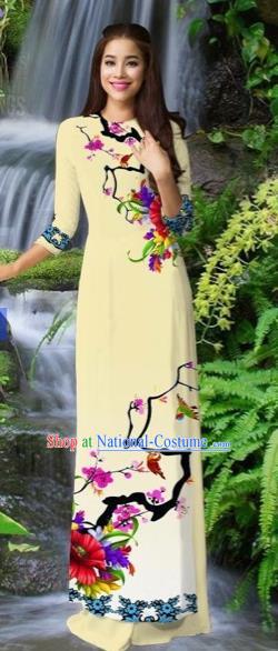 Traditional Top Grade Asian Vietnamese Costumes Classical Light Yellow Cheongsam, Vietnam National Printing Ao Dai Dress for Women