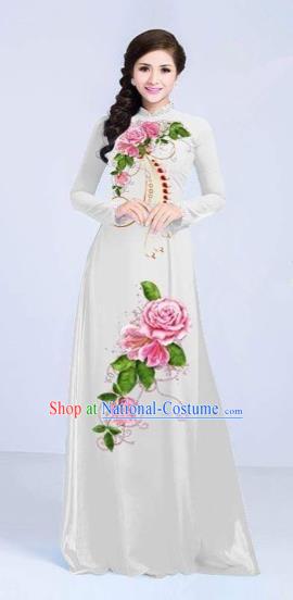 Traditional Top Grade Asian Vietnamese Costumes Classical Printing Flowers Cheongsam Dance Clothing, Vietnam National Vietnamese Bride White Ao Dai Dress for Women