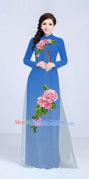 Traditional Top Grade Asian Vietnamese Costumes Classical Printing Flowers Cheongsam Dance Clothing, Vietnam National Vietnamese Bride Blue Ao Dai Dress for Women