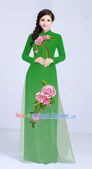 Traditional Top Grade Asian Vietnamese Costumes Classical Printing Flowers Cheongsam Dance Clothing, Vietnam National Vietnamese Bride Green Ao Dai Dress for Women