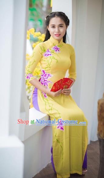 Traditional Top Grade Asian Vietnamese Costumes Classical Hand Painting Flowers Cheongsam Dance Clothing, Vietnam National Vietnamese Bride Ao Dai Dress for Women