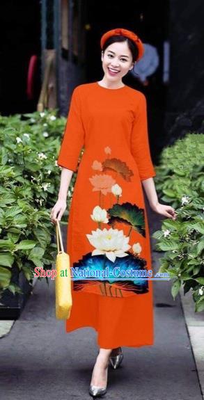 Traditional Top Grade Asian Vietnamese Costumes Classical 3D Printing Flowers Cheongsam Dance Clothing, Vietnam National Vietnamese Orange Ao Dai Dress for Women