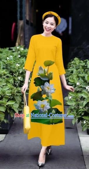 Traditional Top Grade Asian Vietnamese Costumes Classical 3D Printing Lotus Flowers Cheongsam Dance Clothing, Vietnam National Vietnamese Orange Ao Dai Dress for Women