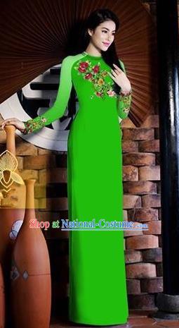 Traditional Top Grade Asian Vietnamese Costumes Classical Printing Toast Wedding Cheongsam, Vietnam National Vietnamese Bride Green Ao Dai Dress for Women