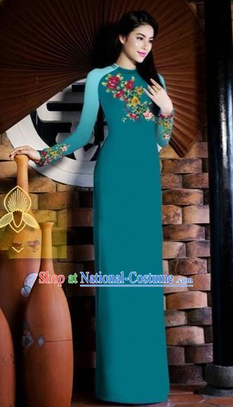 Traditional Top Grade Asian Vietnamese Costumes Classical Printing Toast Wedding Cheongsam, Vietnam National Vietnamese Bride Peacock Blue Ao Dai Dress for Women