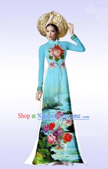 Traditional Top Grade Asian Vietnamese Costumes Classical Landscape Painting Cheongsam, Vietnam National Vietnamese Bride Ao Dai Dress for Women