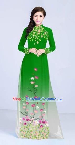 Traditional Top Grade Asian Vietnamese Costumes Classical Painting Flowers Cheongsam, Vietnam National Vietnamese Young Lady Green Ao Dai Dress