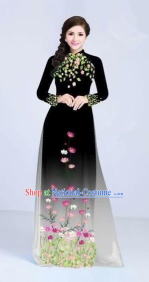 Traditional Top Grade Asian Vietnamese Costumes Classical Painting Flowers Cheongsam, Vietnam National Vietnamese Young Lady Black Ao Dai Dress