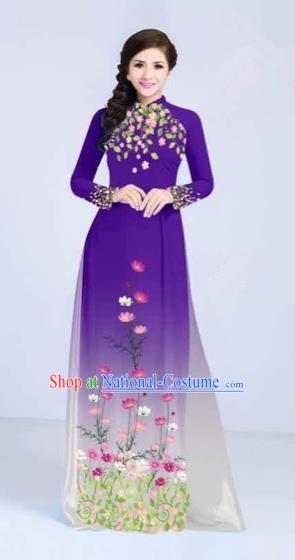 Traditional Top Grade Asian Vietnamese Costumes Classical Painting Flowers Cheongsam, Vietnam National Vietnamese Young Lady Purple Ao Dai Dress