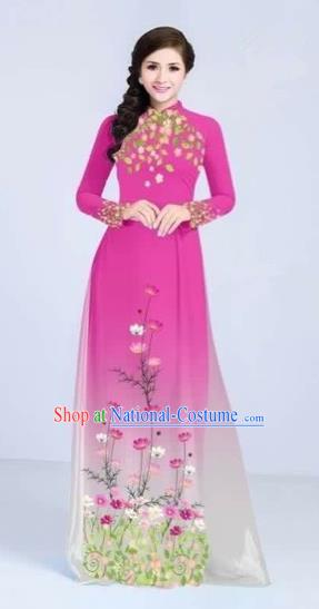 Traditional Top Grade Asian Vietnamese Costumes Classical Painting Flowers Cheongsam, Vietnam National Vietnamese Young Lady Pink Ao Dai Dress