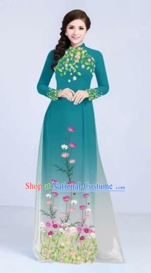 Traditional Top Grade Asian Vietnamese Costumes Classical Painting Flowers Cheongsam, Vietnam National Vietnamese Young Lady Peacock Blue Ao Dai Dress