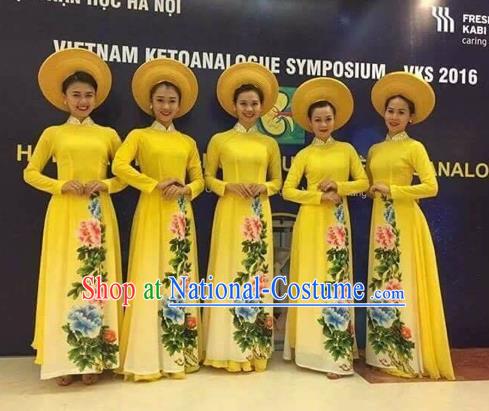 Traditional Top Grade Asian Vietnamese Costumes Classical Painting Cheongsam, Vietnam National Vietnamese Young Lady Ao Dai Dress Dance Clothing