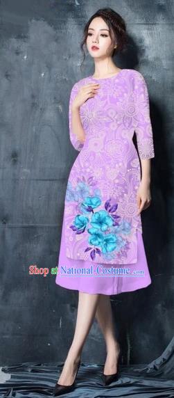 Traditional Top Grade Asian Vietnamese Costumes Classical Painting Short Lilac Cheongsam, Vietnam National Vietnamese Young Lady Ao Dai Dress