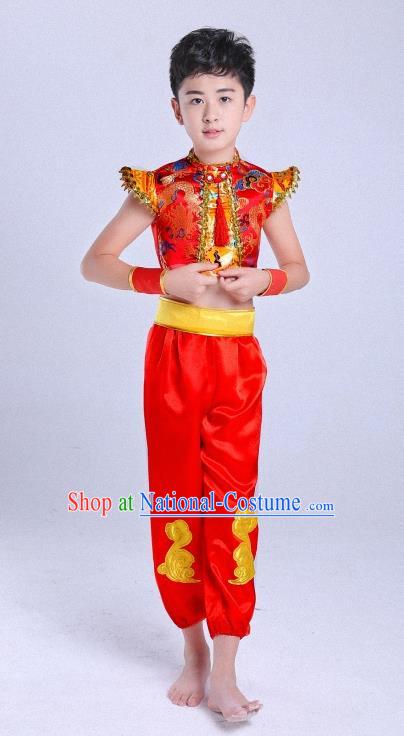 Traditional Chinese Classical Dance Yangge Fan Dance Costume, Children Folk Dance Drum Dance Uniform Yangko Red Clothing for Boys Kids