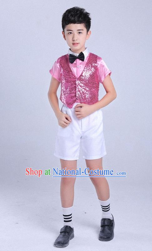 Top Grade Professional Performance Catwalks Costume, Children Chorus Clothing Modern Dance Pink Uniforms for Boys Kids