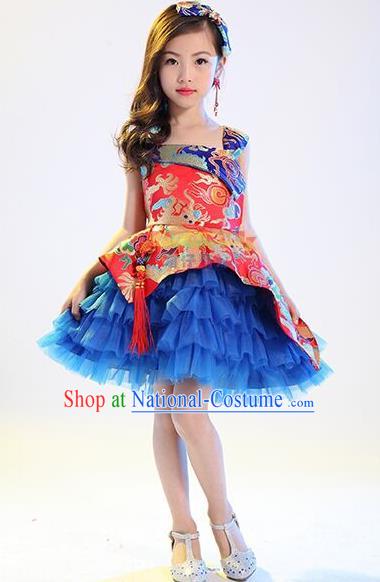 Top Grade Professional Performance Catwalks Costume, China Style Dragon Children Chorus Full Dress Modern Dance Little Princess Blue Bubble Dress for Girls Kids