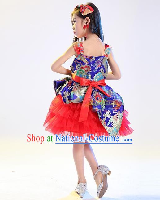 Top Grade Professional Performance Catwalks Costume, China Style Dragon Children Chorus Full Dress Modern Dance Little Princess Red Bubble Dress for Girls Kids