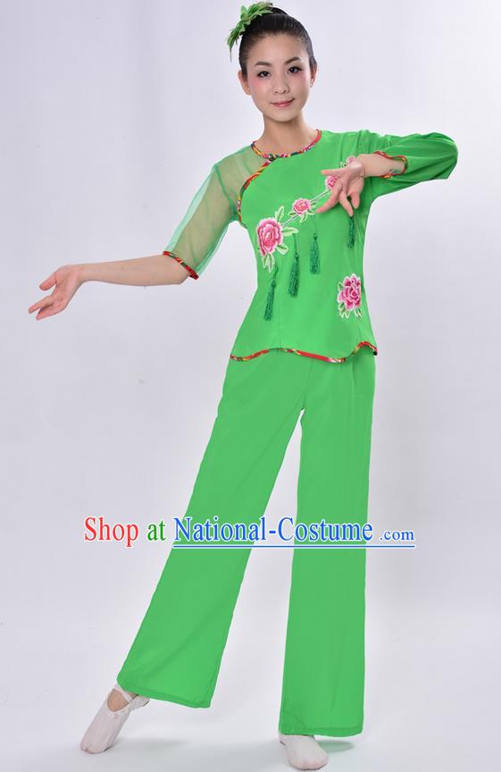 Traditional Chinese Classical Dance Yangge Fan Dancing Costume, Folk Dance Drum Dance Uniforms Yangko Green Clothing Set for Women