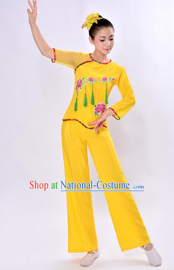 Traditional Chinese Classical Dance Yangge Fan Dancing Costume, Folk Dance Drum Dance Uniforms Yangko Yellow Clothing Set for Women