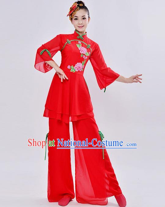 Traditional Chinese Classical Dance Yangge Fan Dancing Costume, Folk Dance Drum Dance Flared Uniforms Yangko Red Clothing for Women