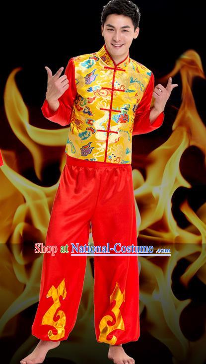 Traditional Chinese Classical Dance Yangge Fan Dance Costume, Folk Dance Drum Dance Uniform Yangko Long Sleeve Clothing Complete Set for Men