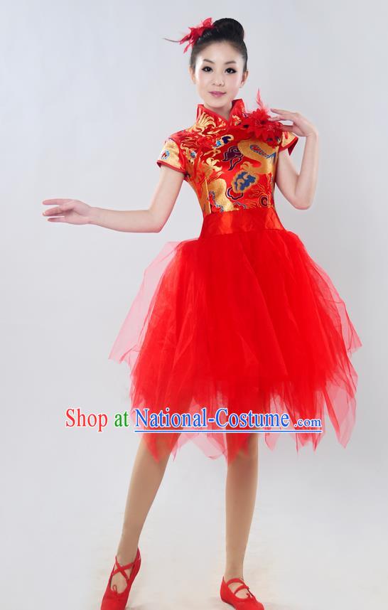 Traditional Chinese Classical Dance Yangge Fan Dance Costume, Folk Dance Drum Dance Uniform Yangko Red Bubble Dress for Women