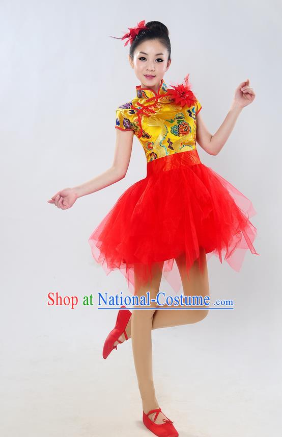 Traditional Chinese Classical Dance Yangge Fan Dance Costume, Folk Dance Drum Dance Uniform Yangko Golden Bubble Dress for Women